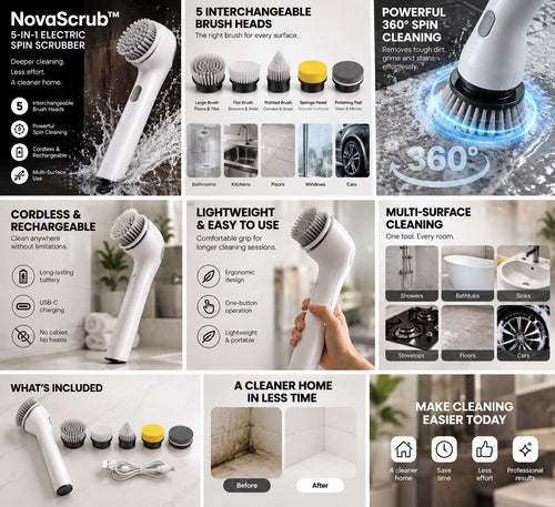 A promotional collage for the NovaScrub 5-in-1 Electric Spin Scrubber, showing the white handheld scrubber from multiple angles, interchangeable brush heads, a 360-degree spinning bristle head, included accessories, before-and-after cleaning comparisons, and feature callouts on a white background.